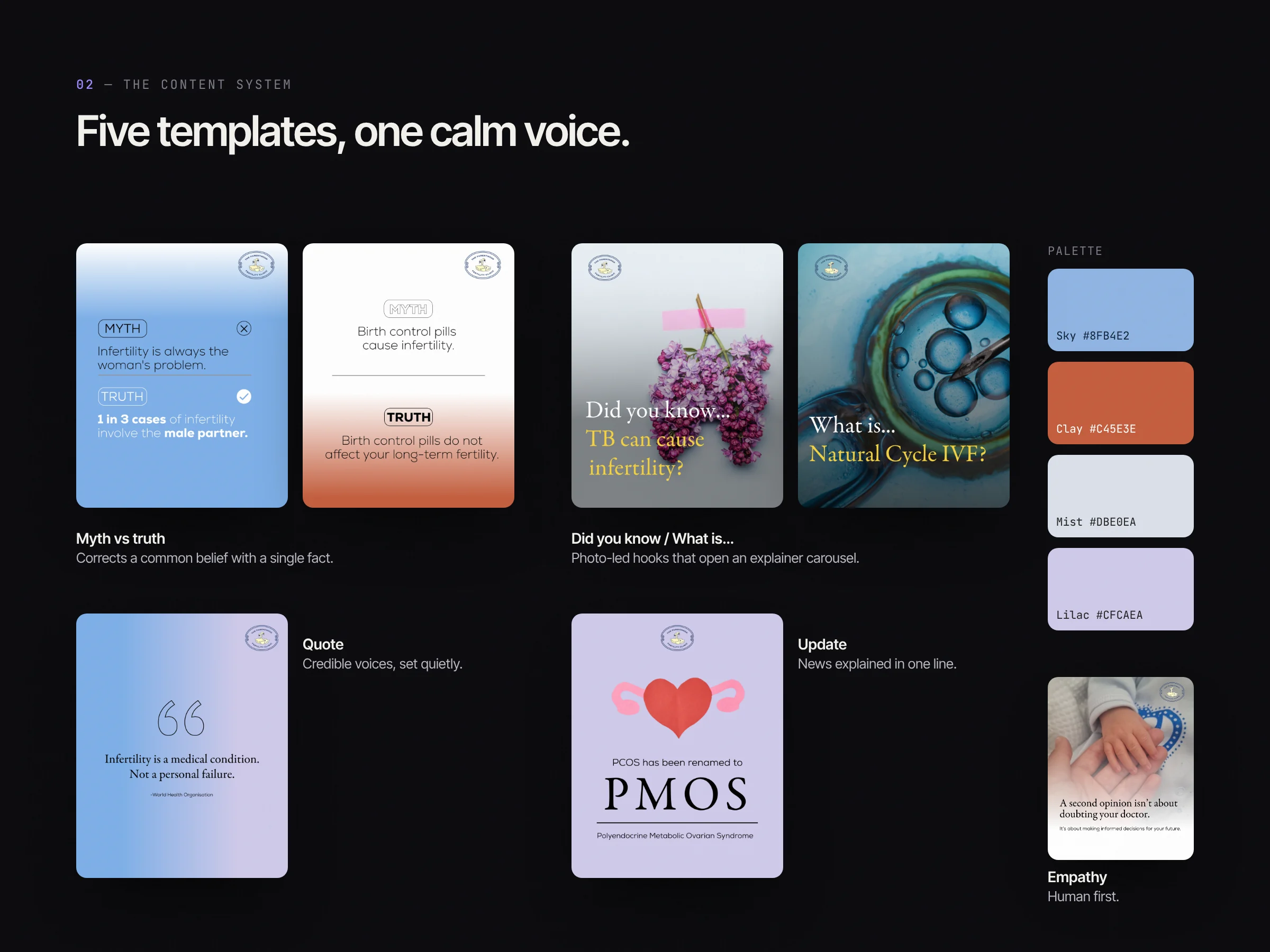 Five templates: myth vs truth, photo-led hooks, quote, update and empathy, beside the palette
