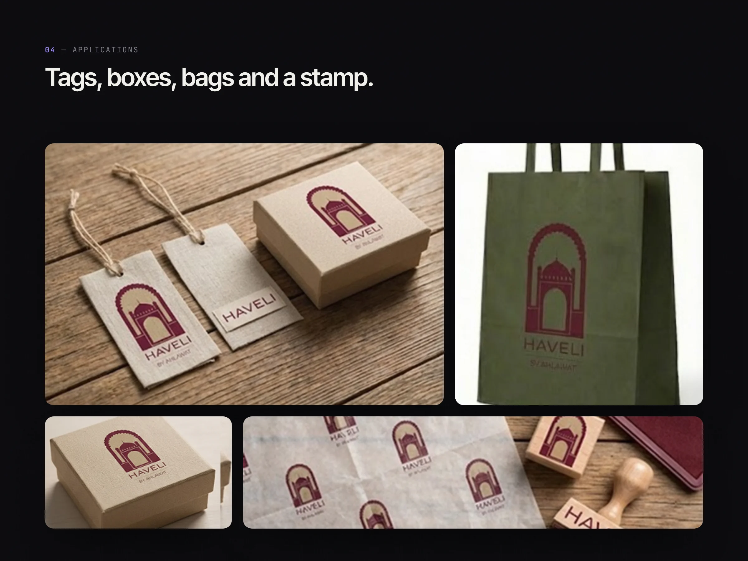 Hang tags, a gift box, a shopping bag and a stamp in the Haveli identity