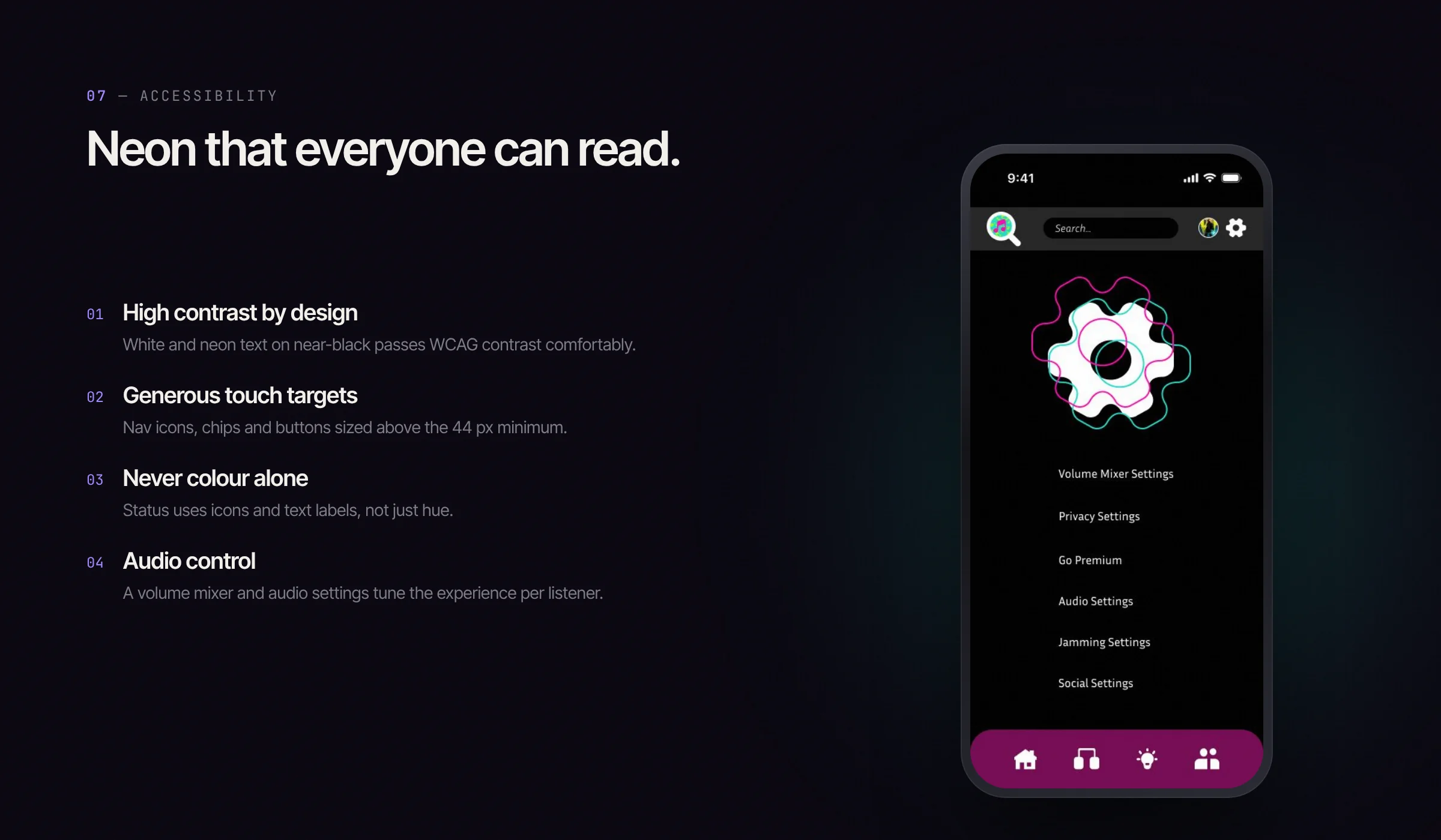 The settings screen with audio and accessibility controls