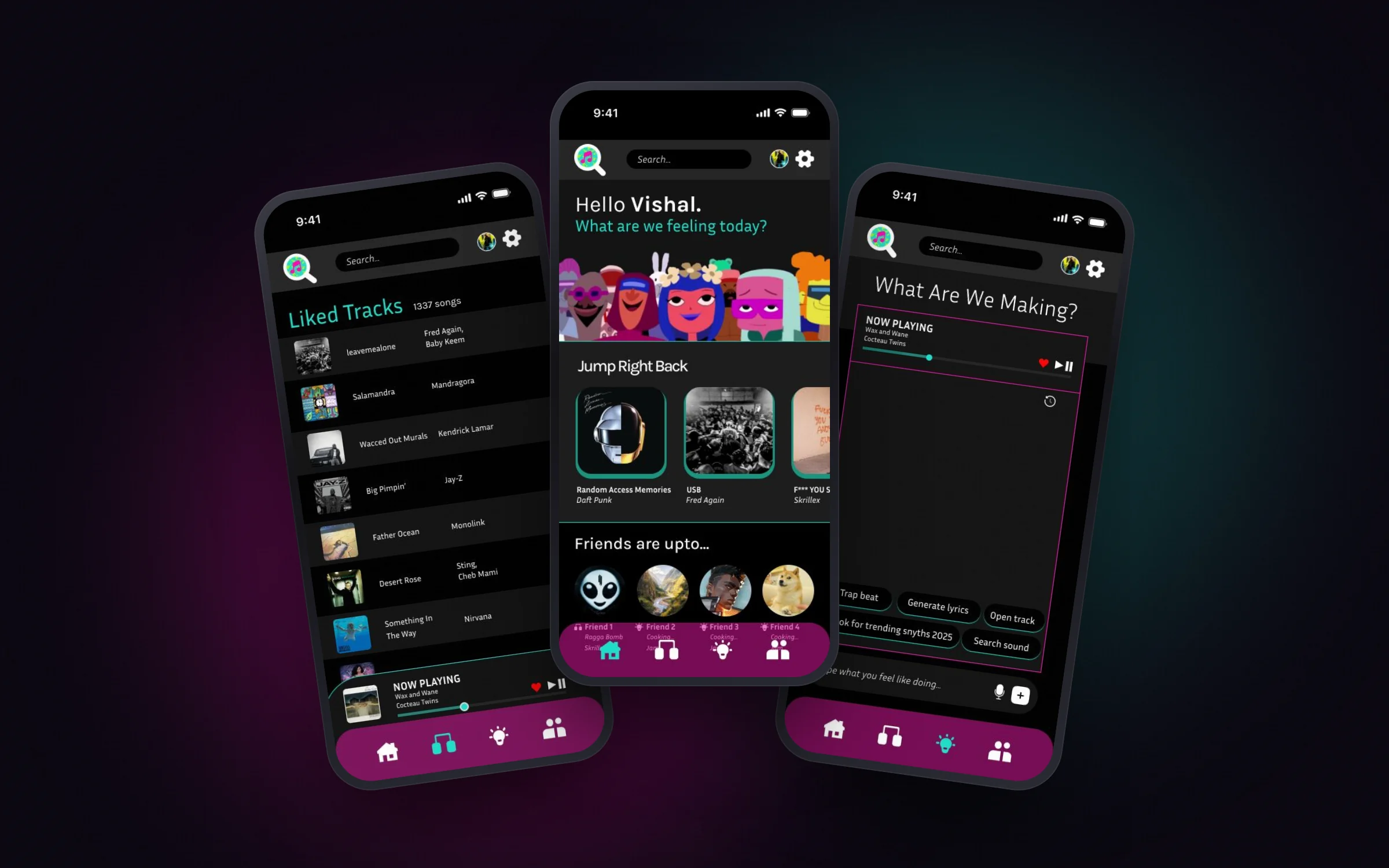 m(us)ic concept app screens in neon on black