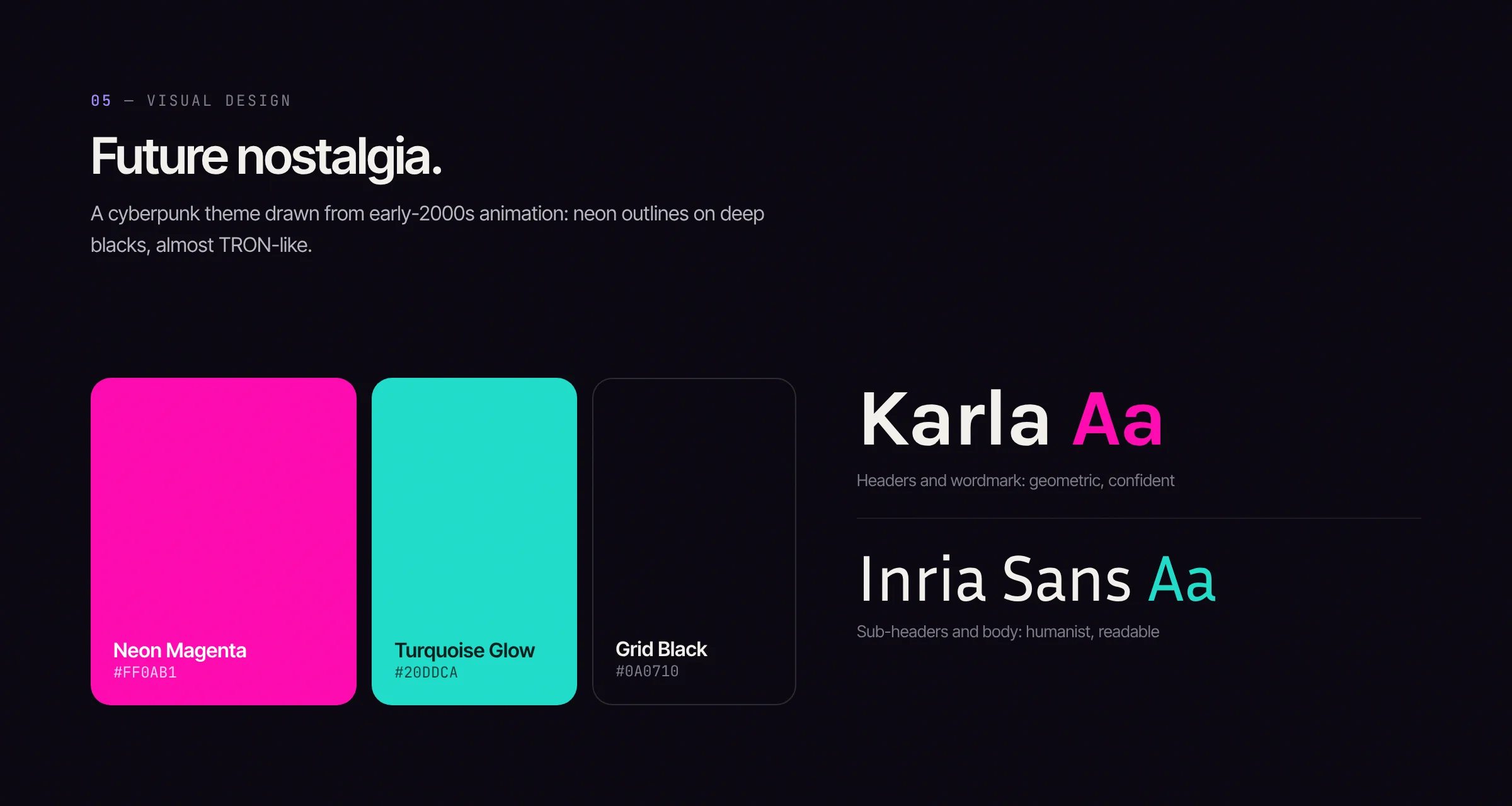 Palette of Neon Magenta, Turquoise Glow and Grid Black beside Karla and Inria Sans type specimens