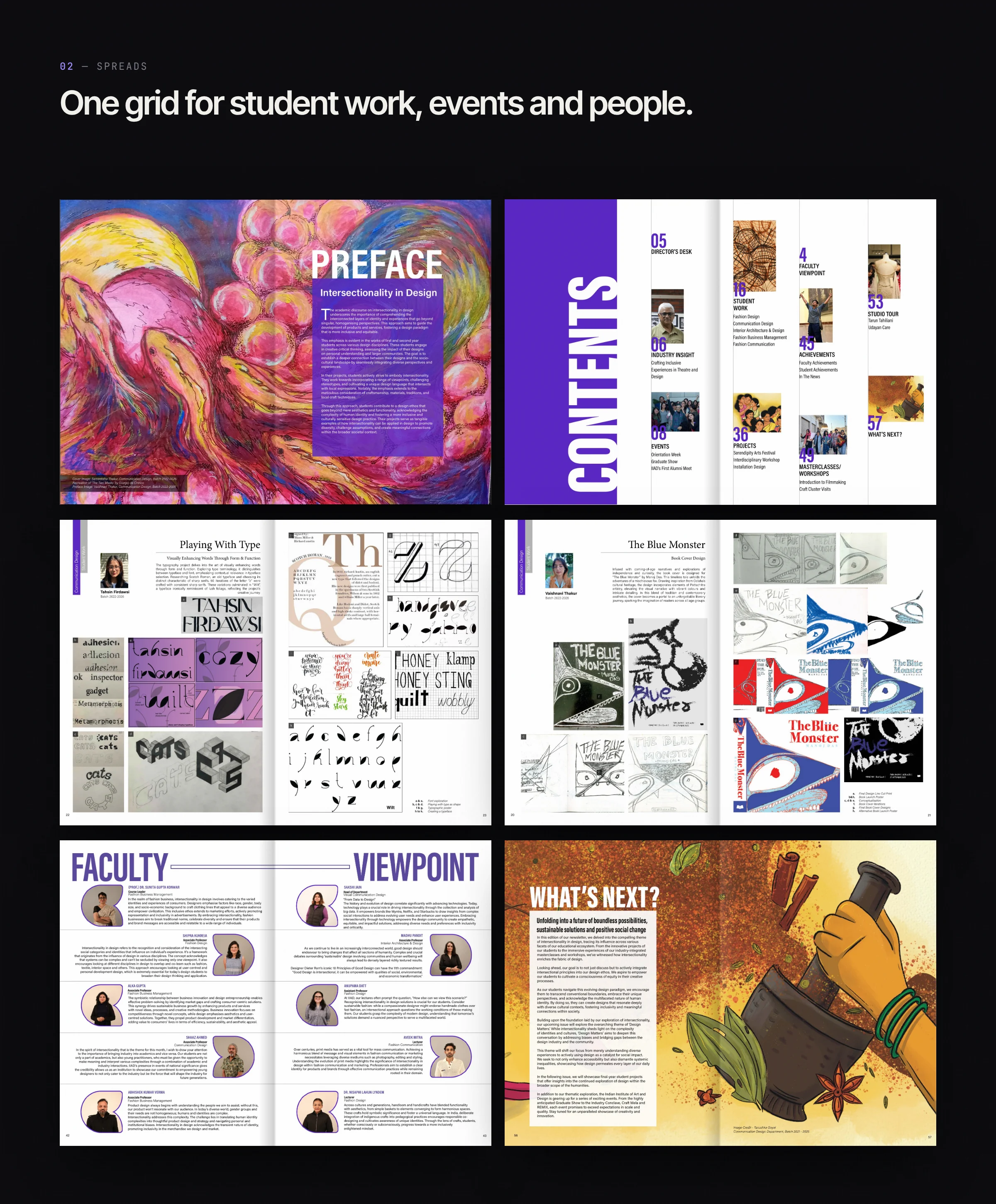 Spreads for the preface, contents, student work and achievements