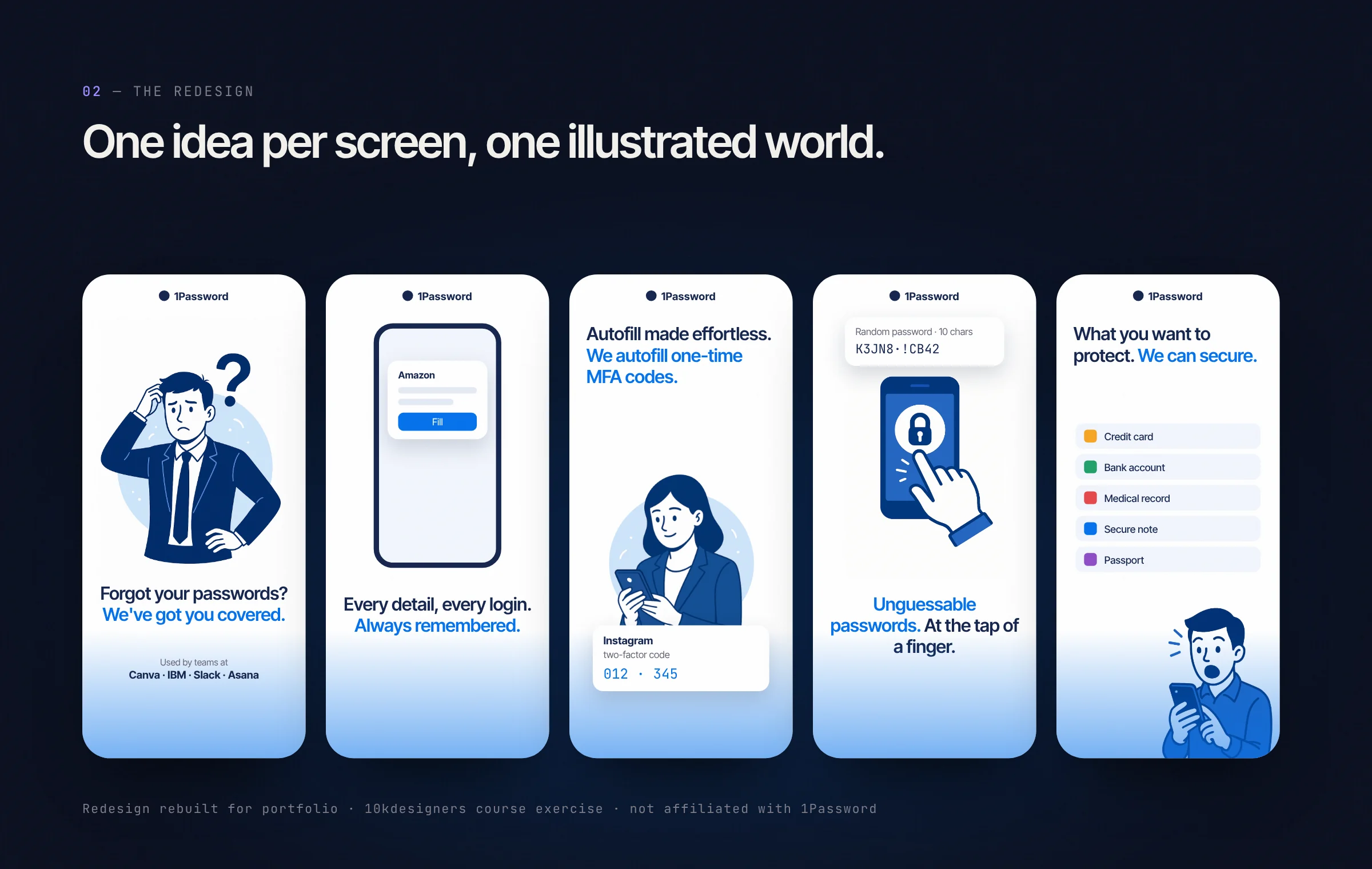 Five redesigned screens in one illustration style